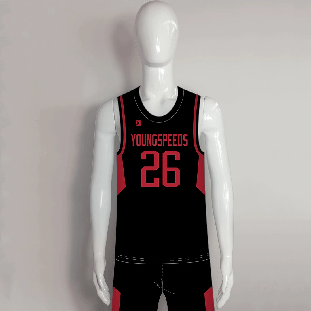 BSKX23 Black Red Custom Sublimated Basketball Uniforms 1 BSKX23 Black Red Custom Sublimated Basketball Uniforms